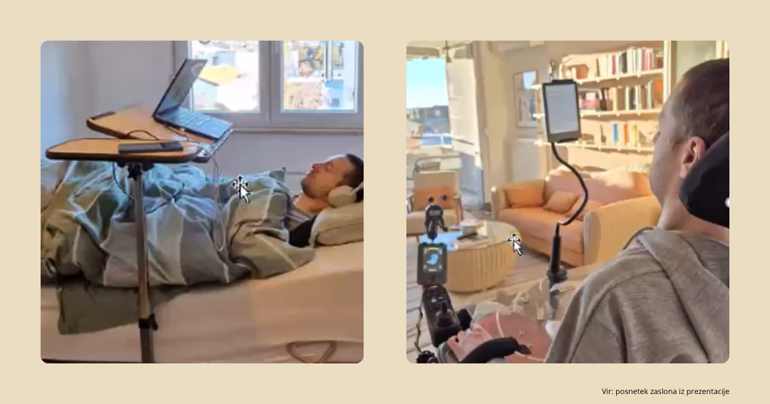 Andrej Krivec, ki je zaradi nesreče tertaplegik, pri svojem delu uporablja računalnik in telefon Andrej Krivec, ki je zaradi nesreče tertaplegik, pri svojem delu uporablja računalnik in telefon