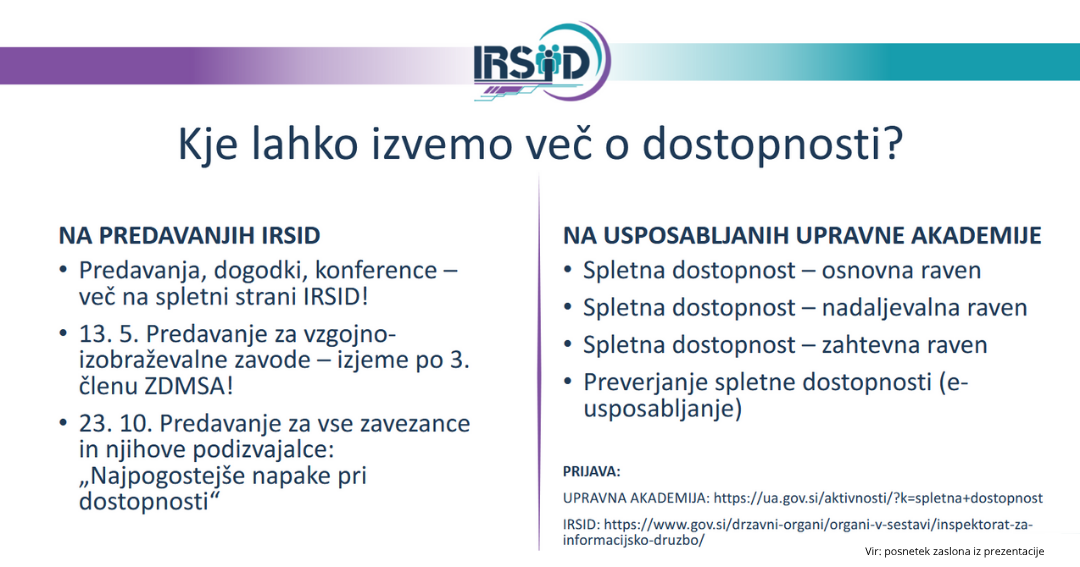 Slika z naštetimi predavanji in usposabljanji o spletni dostopnosti. Slika z naštetimi predavanji in usposabljanji o spletni dostopnosti.