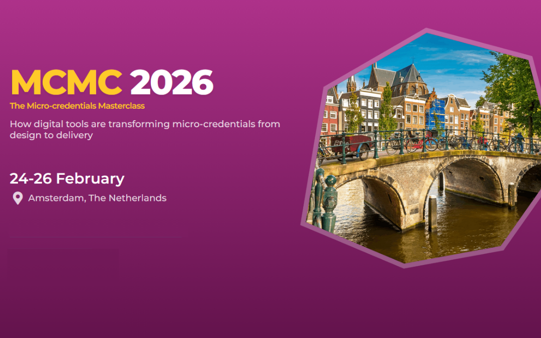 Pasica The Micro-credentials Masterclass 2026, na kateri je poleg podatkov o dogodku tudi slika enega od Amsterdamskih mostov